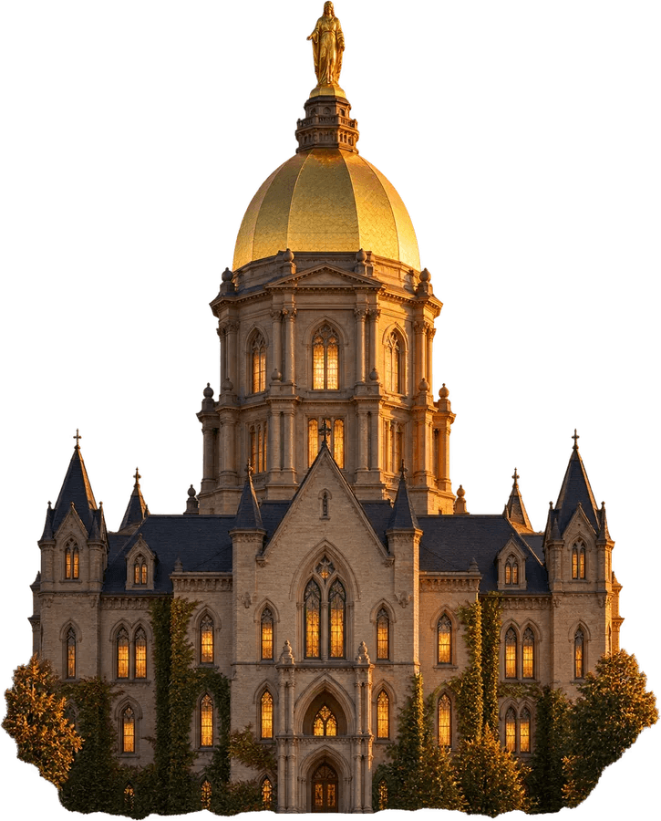 The Golden Dome of Notre Dame's Main Building at dusk